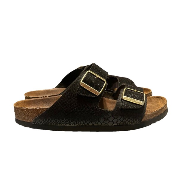 Birkenstock Arizona Shiny Snake Black Birko Flor Sandals Made in Germany Size 10 - Picture 3 of 16